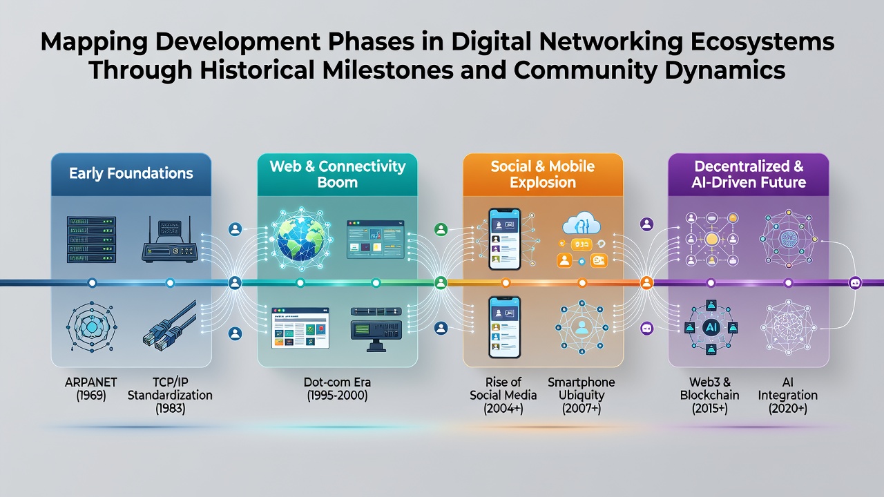 Historical timeline visualization of digital networking milestones from ARPANET to modern ecosystems